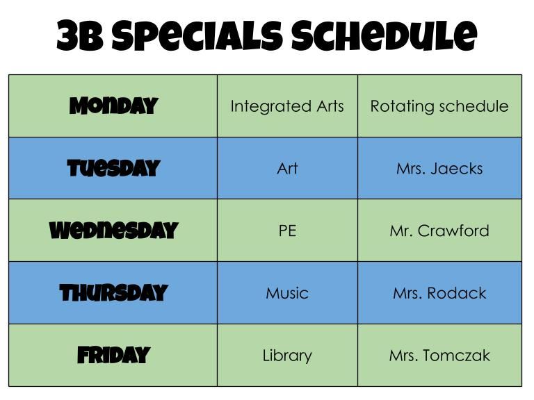 Specials Schedule