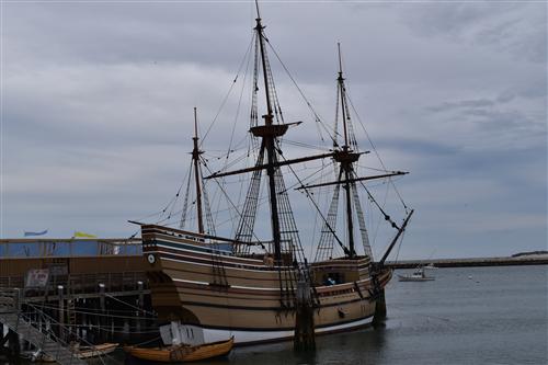 Mayflower II, a full-scale reproduction of the original ship that brought the Pilgrims to Plymouth. 